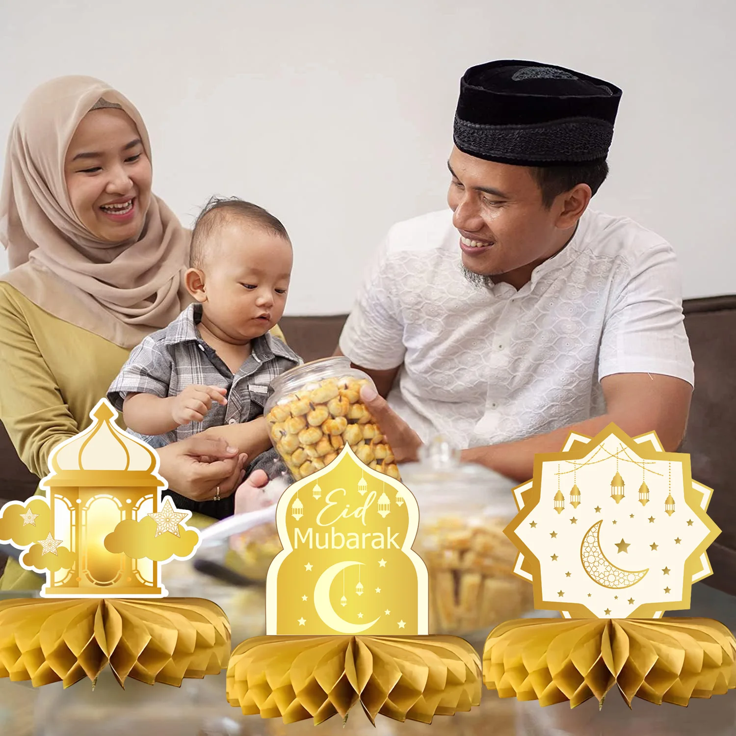 6 قطعة عيد الذهبي العسل زخرفة عيد الفطر حفلة الجدول الديكور احتفالي عيد ديكور المنزل نجمة القمر فانوس عيد نمط هدية