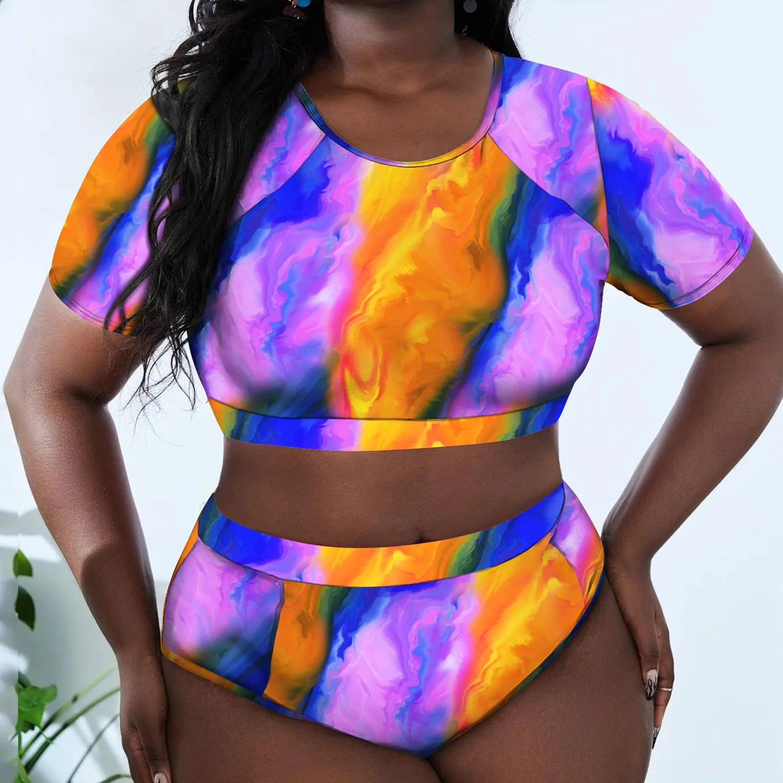 Flower printing Sport Swimsuit Women Plus Size Print Short Sleeve Crop Top Short Pant Bikini Swimwear Bathing Two-Piece Swimsuit