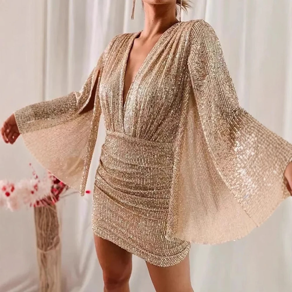Cakrisyal vrouwen Luxe Pailletten Avondjurk V-hals Uitlopende Mouwen Sexy Dating Prom Bodycon Jurk Vrouwelijke Cocktailjurken