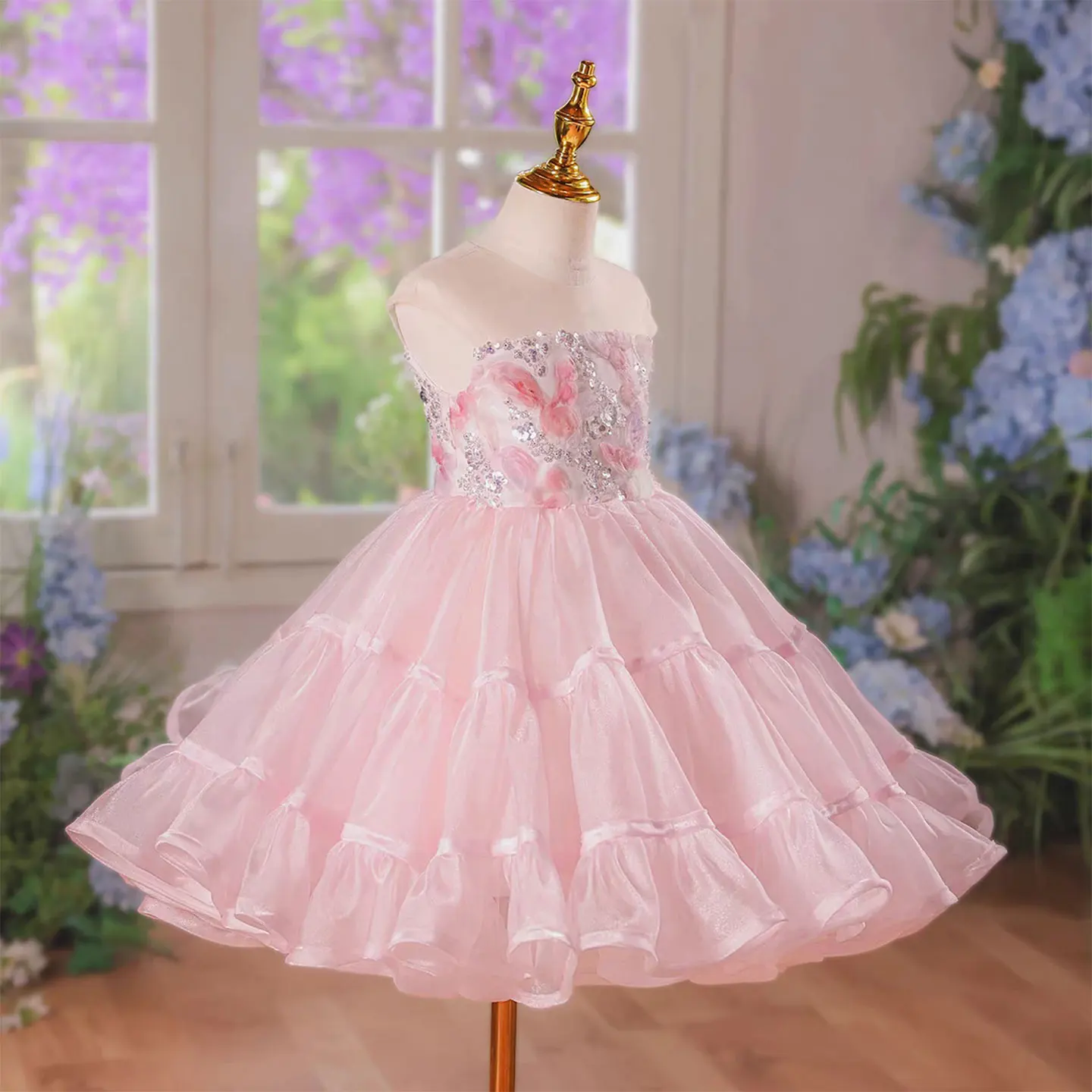 Jill Wish D279 Pink Flower Girl Dress with 3D Floral Embroidery, Layered Organza Skirt, Princess Party Gown for Kids