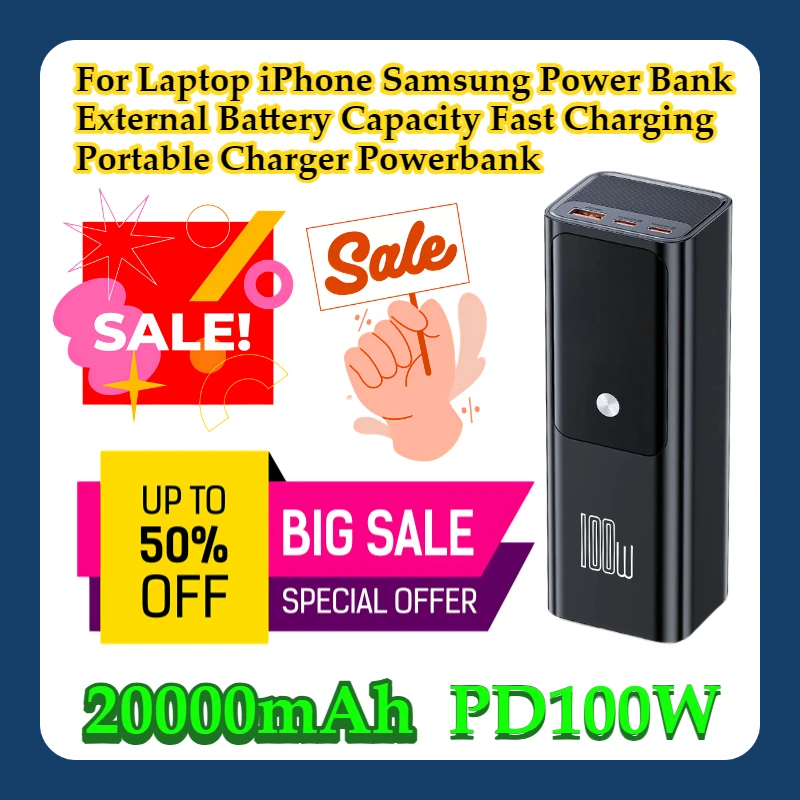 For Laptop iPhone Samsung PD100W Power Bank 20000mAh External Battery Capacity Fast Charging Portable Charger Powerbank