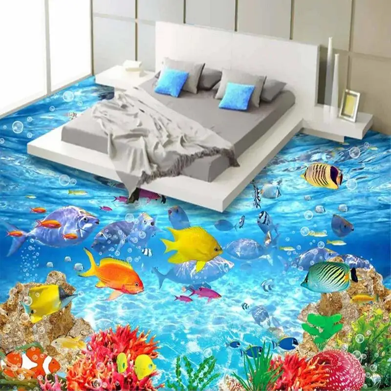 PVC Self Adhesive Waterproof 3D Floor Tiles Wallpaper Modern Cartoon Fish Painting Custom Mural Sticker Bathroom Papel De Parede