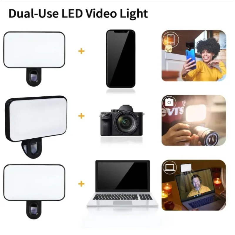 ضوء ملء LED صغير محمول لصور السيلفي قابل لإعادة الشحن، 3 أوضاع، مشبك سطوع قابل للتعديل للهاتف، والكمبيوتر المحمول، وإضاءة ملء الكمبيوتر اللوحي