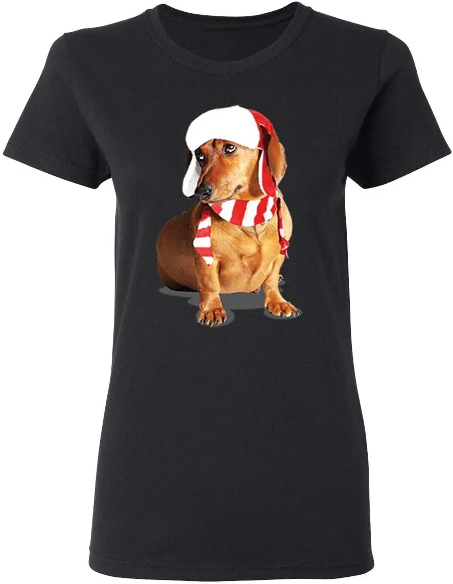 Merry Christmas Weiner Puppy Fluffy Christmas T-Shirt for Women Crew Neck Tee Shirts