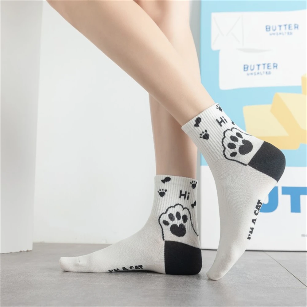 Ins New Black White Animal Panda Footprint Puppy Kitten Bear Unisex Mid Tube Soft Cotton Korean Cute Cartoon Japanese Streetwear