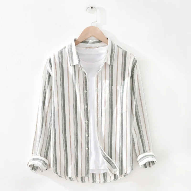 Fashion Japan Style Men Linen Cotton Shirts Casual Stripe Long Sleeve Tops Single Breasted Male Loose Vintage Versatile Shirt