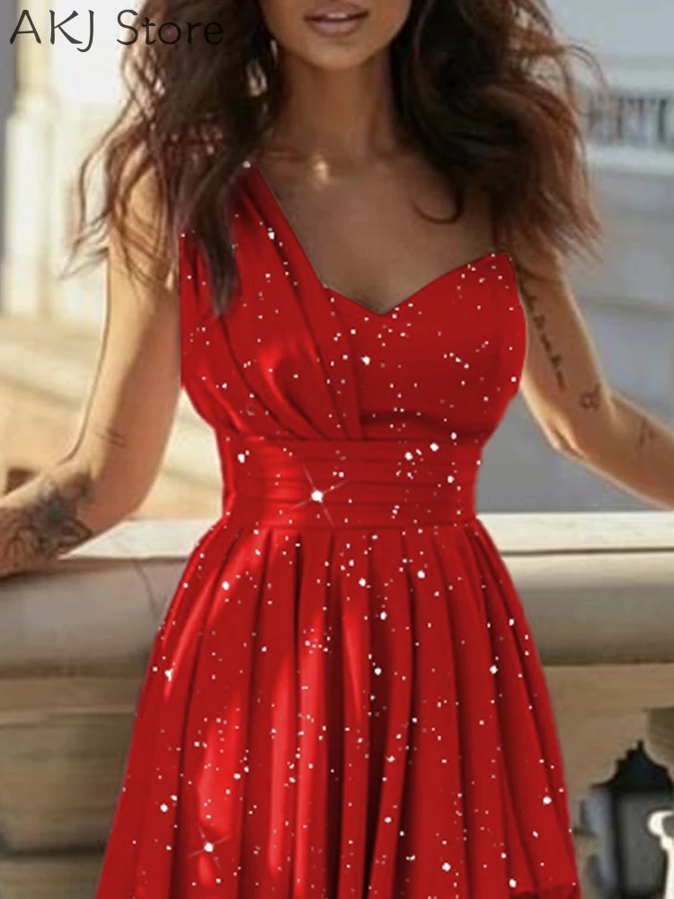 Women Sexy Glitter One Shoulder High Slit Maxi Party Dress