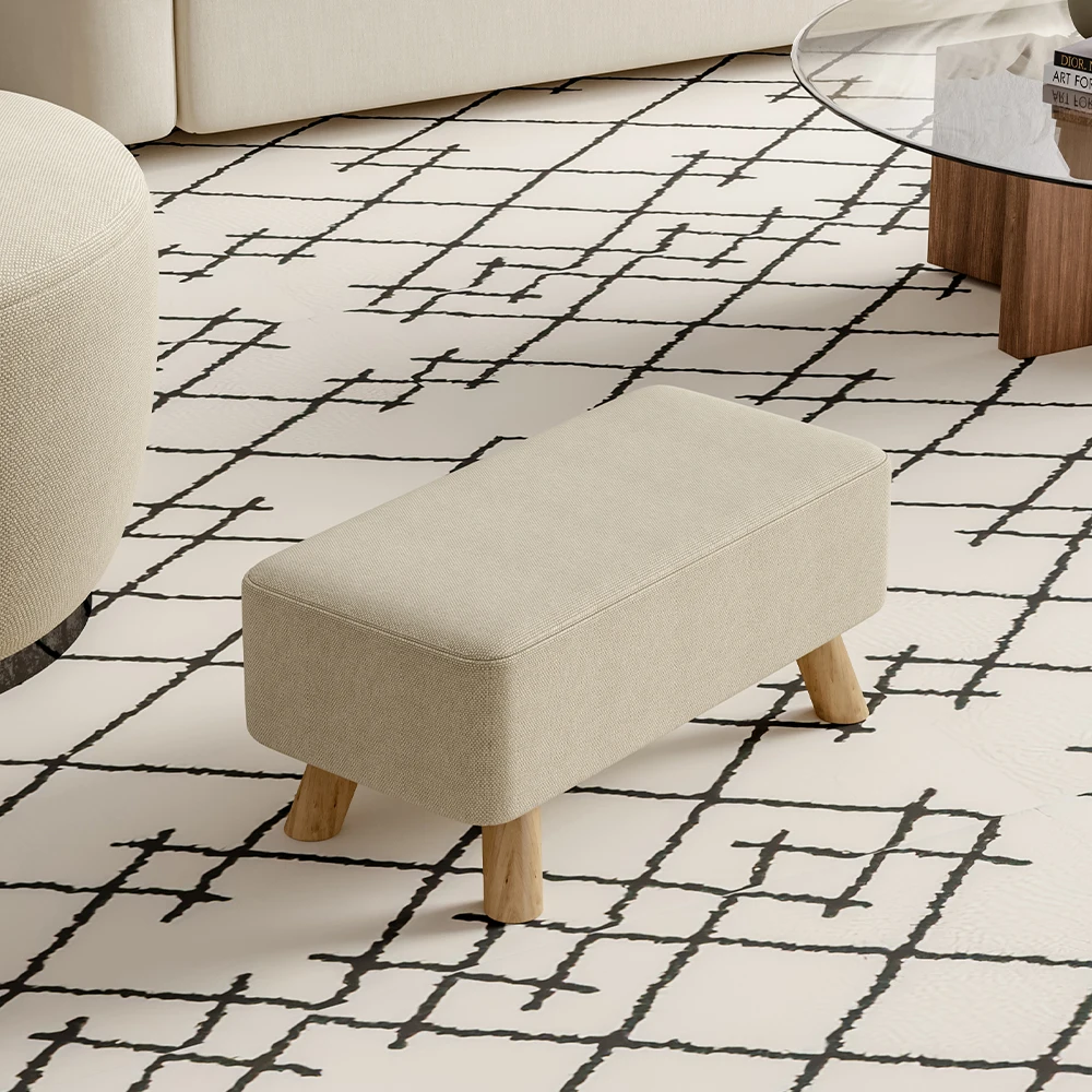 Beige Rectangular Tofu-shaped Household Footrest with Solid Wooden Legs