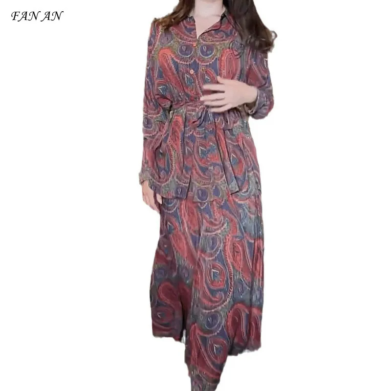 

Autumn Women's New Fashion Style Printed Long Sleeve Waist Shirt Printed Half Skirt Women's Middle Eastern Dress Two Piece Set