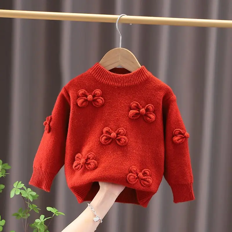 Children's Sweater Autumn and Winter New Girl's Round Neck Pullover Sweater Fashion Bowknot Knitwear Baby's Outwear Top