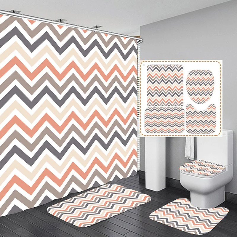 Custom 4 Pcs Shower Curtain Wave Digital Print Bathroom Curtains Sets