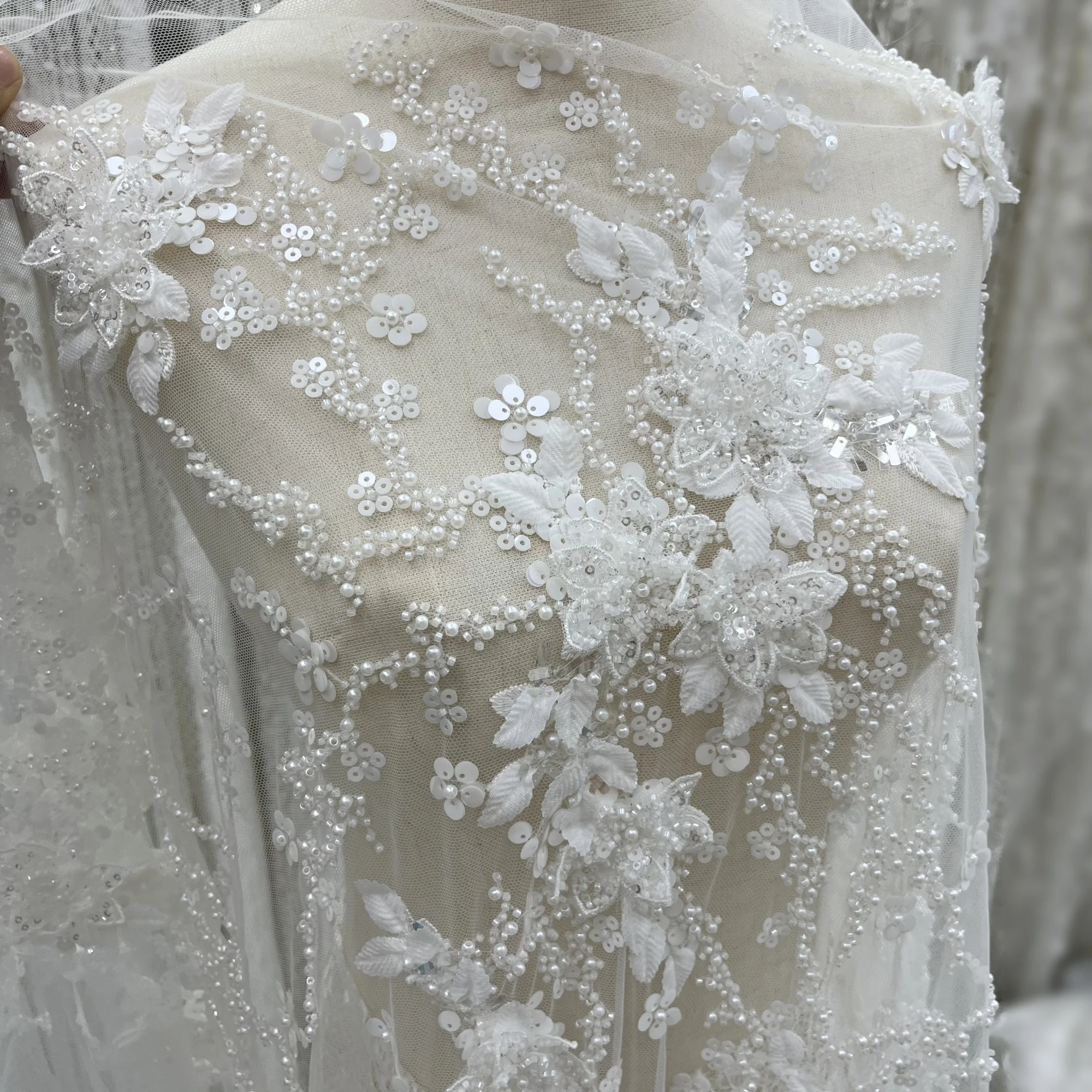 High-Grade Luxury Handmade Three-Dimensional Flowers Sequins Beads Lace Embroidery Wedding Dress High-Grade Fabrics