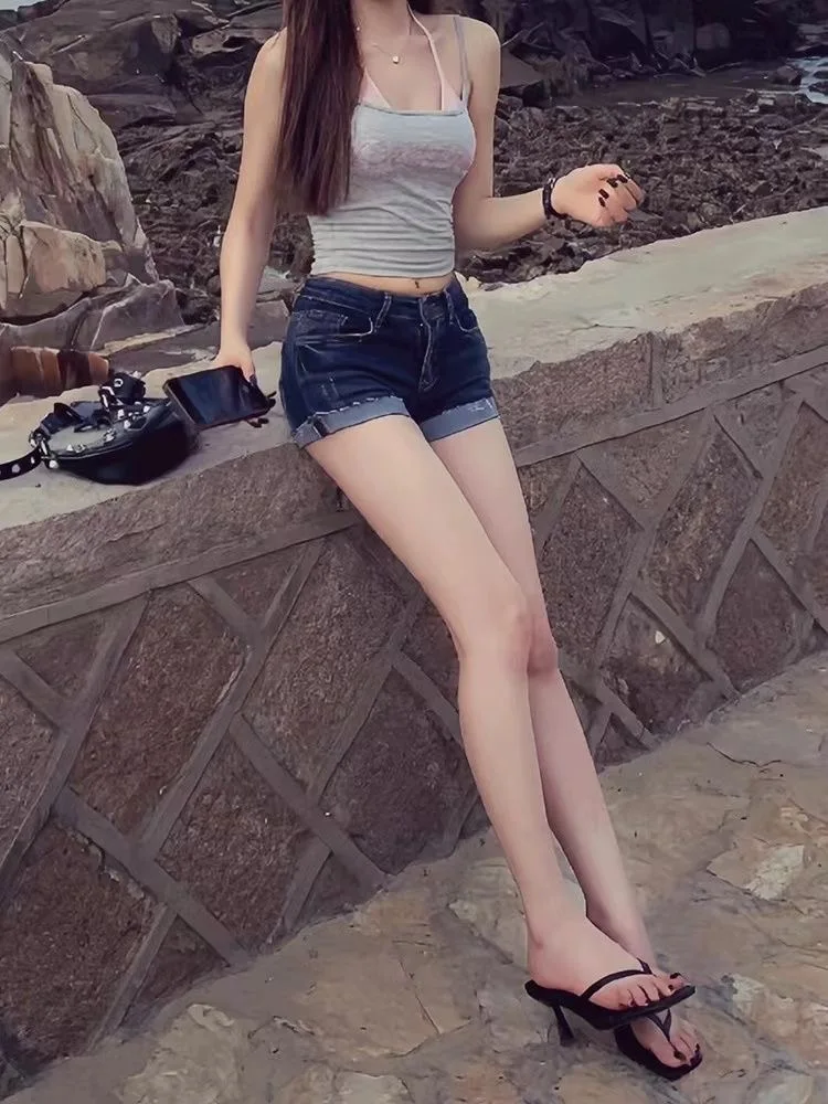 Women's Low Rise Elastic Tight Curled Denim Shorts Summer New Hot Girl Street Casual Hip Wrap Sexy Mini Shorts Female