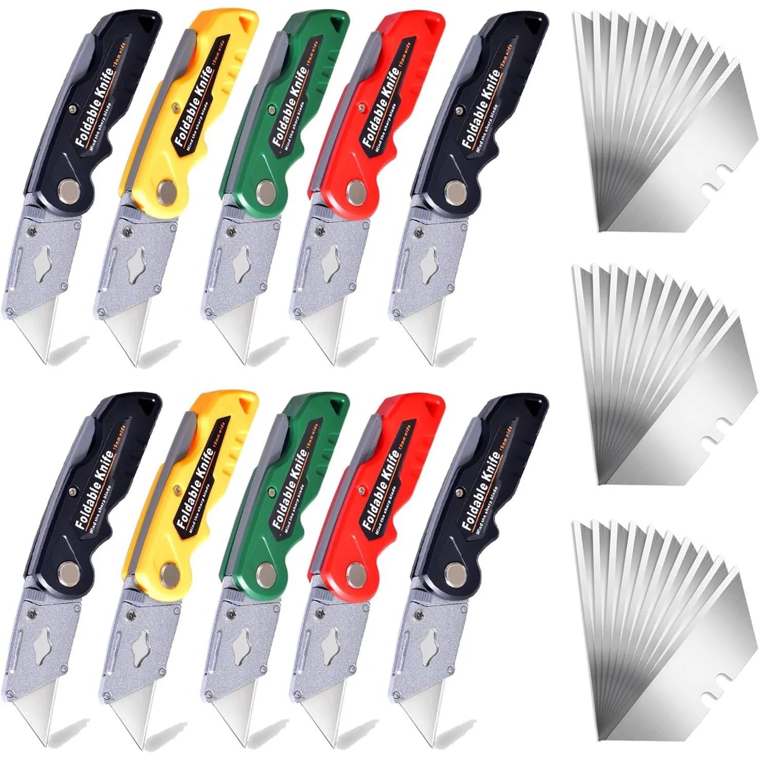 

10-Pack Heavy Duty Folding Box Cutter Set with 30 Replacement Blades, Utility Razor Knife