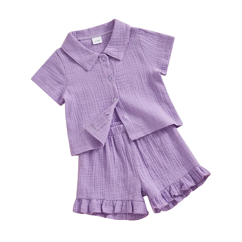 Kupretty Toddler Girl Summer Clothes Baby Linen Outfits Solid Short Sleeve Button Shirt Ruffle Shorts Set