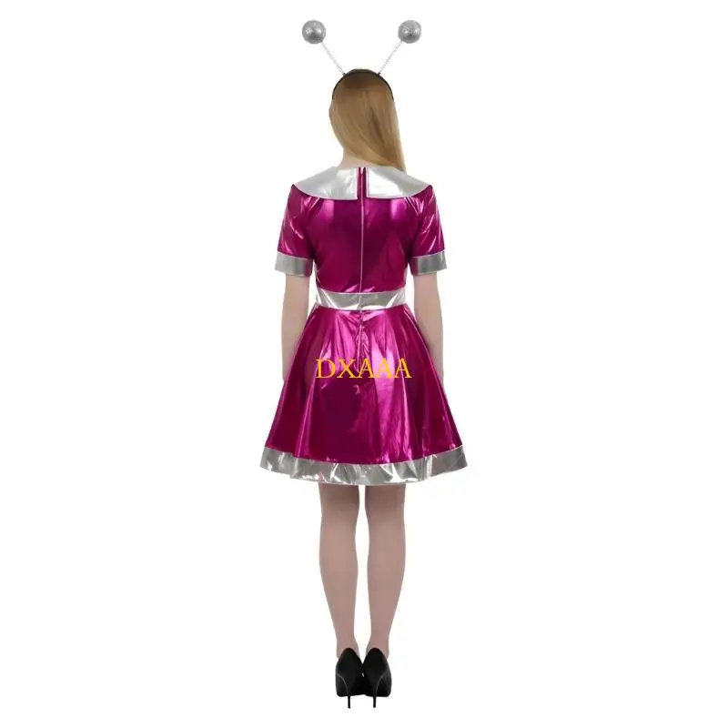 DXAA Halloween Alien Costume Metallic Dress Alien Headband Set Robot Space Outfits