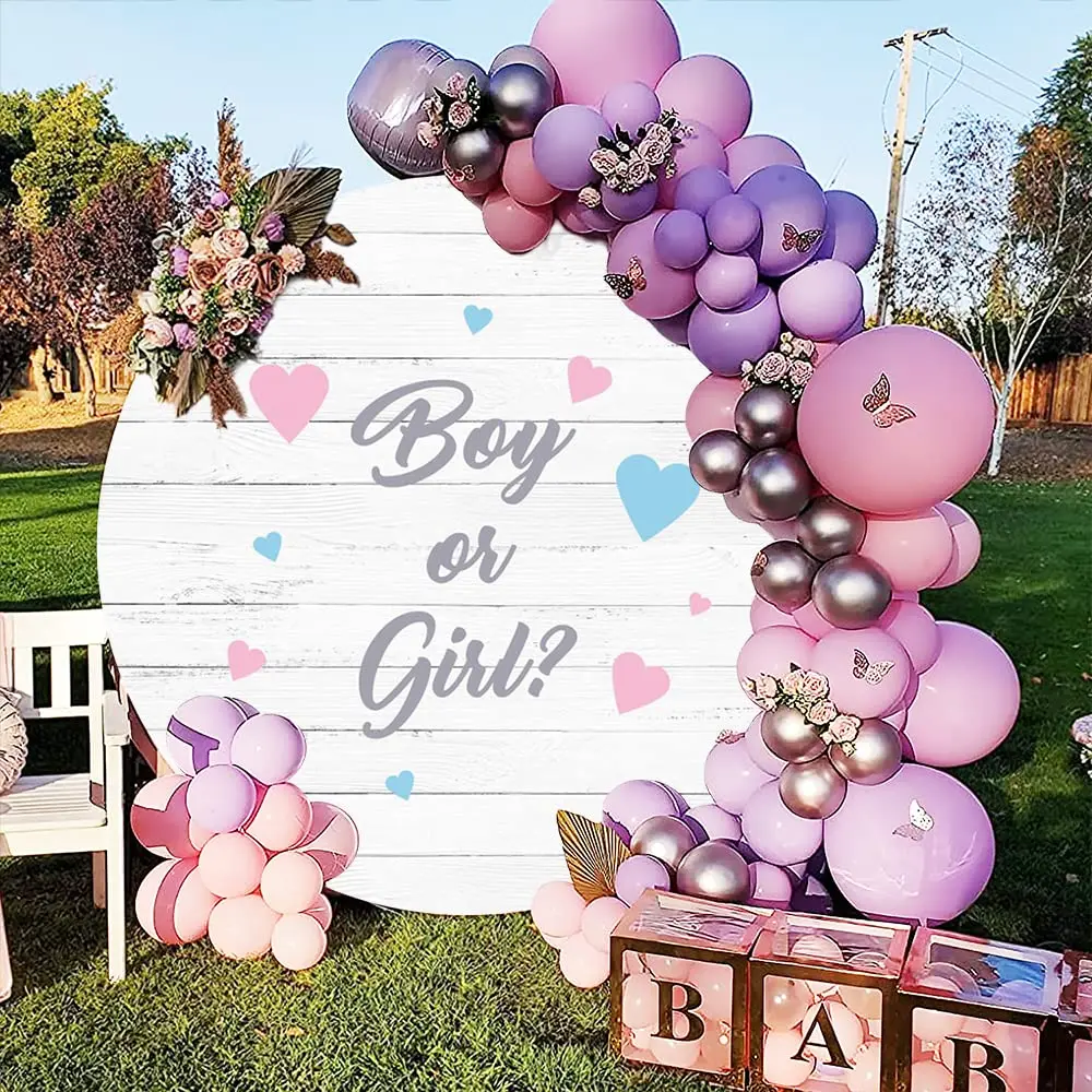 Boy or Girl Gender Reveal Round Backdrop Cover Little Feet Balloons Newborn Baby Shower Reveal Party Photography Background