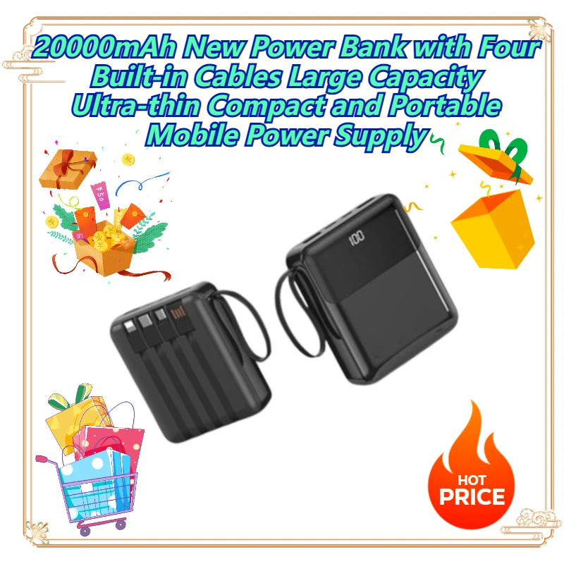 

20000mAh New Power Bank with Four Built-in Cables Large Capacity Ultra-thin Compact and Portable Mobile Power Supply