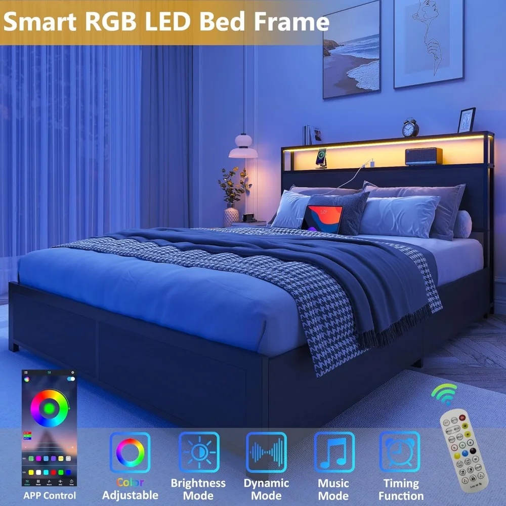 إطار سرير كامل مع لوح رأسي للتخزين من طبقتين، إطار سرير بمنصة معدنية مع 4 أدراج تخزين، مدمج في وضع الشحن