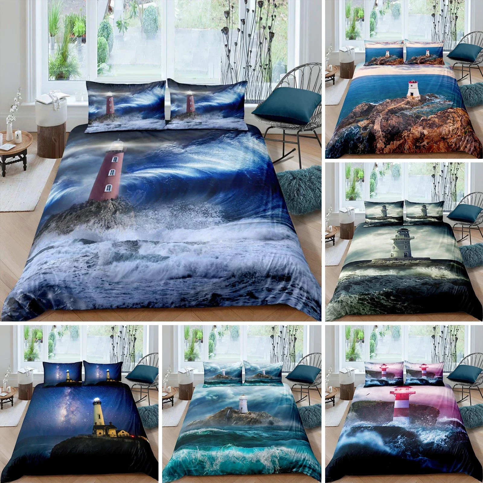 Lighthouse Duvet Cover Set Nautical Surfing Ocean Wave Bedding Set Queen Polyester Coastal Nature Theme Quilt Cover for Kids Boy