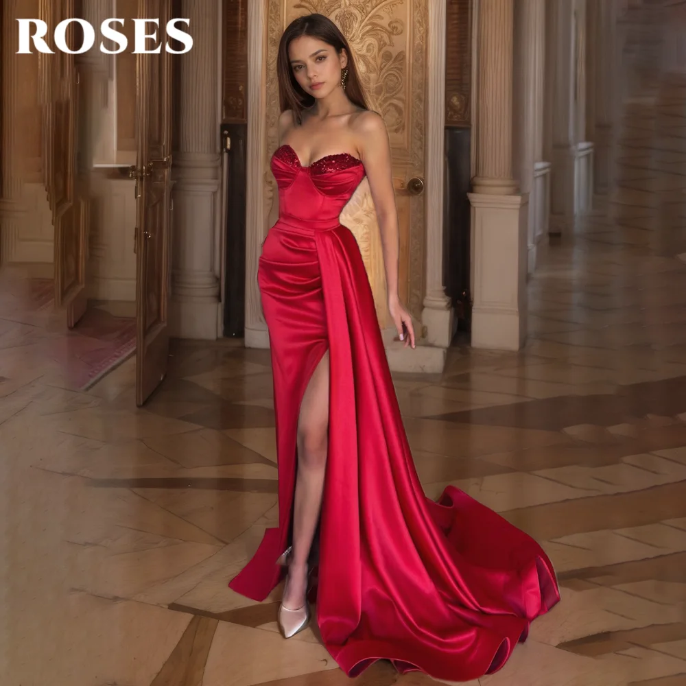 

ROSES Red Sexy Evening Dresses Sweetheart Backless Sleeveless Ball Gown Satin High Side Split Formal Gown robe soirée Customized