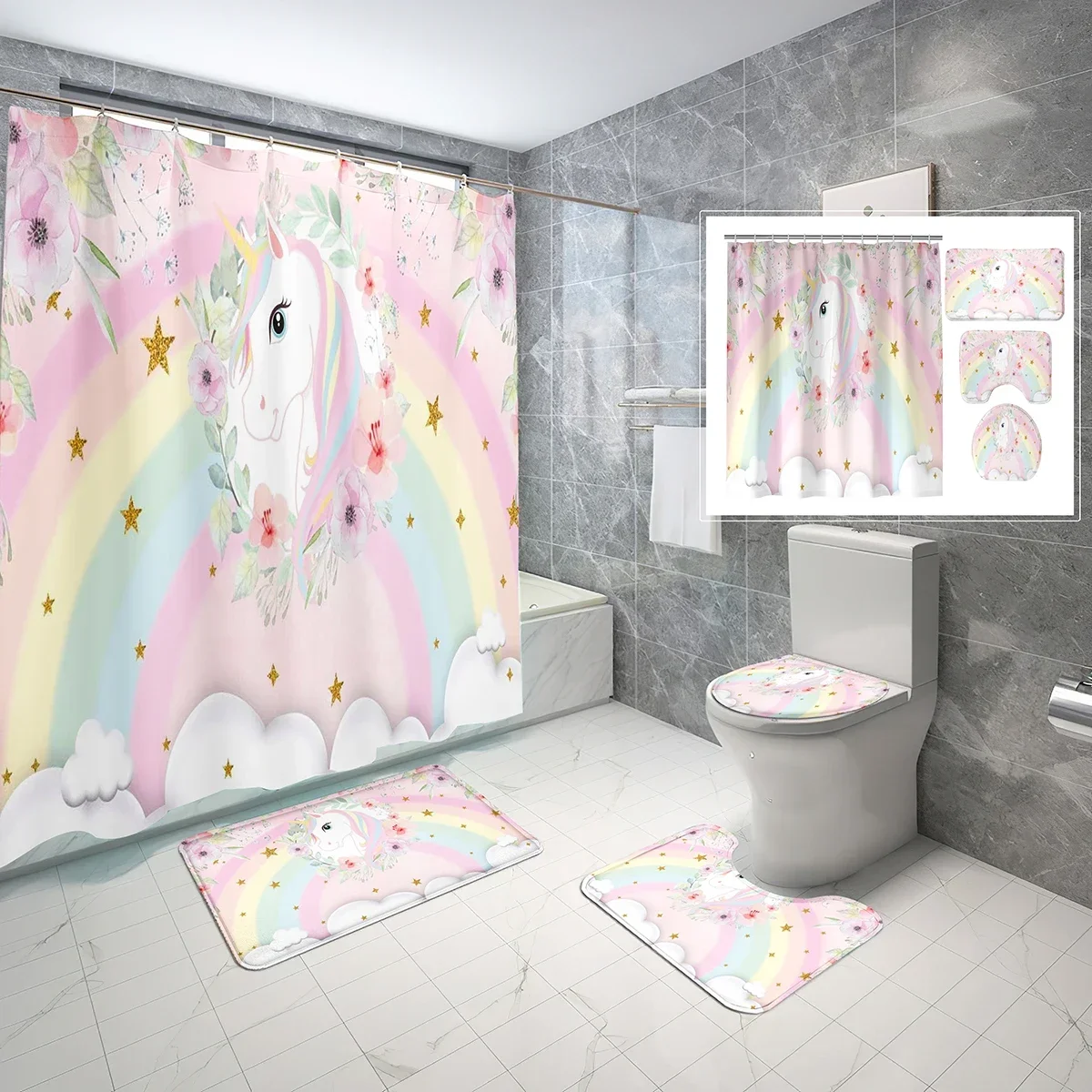 

4 PCS Cartoon Unicorn Shower Curtain Sets,Girls Cute Rainbow Unicorn Non-Slip Bath Mat Toilet Cover Bathroom Shower Curtain Set