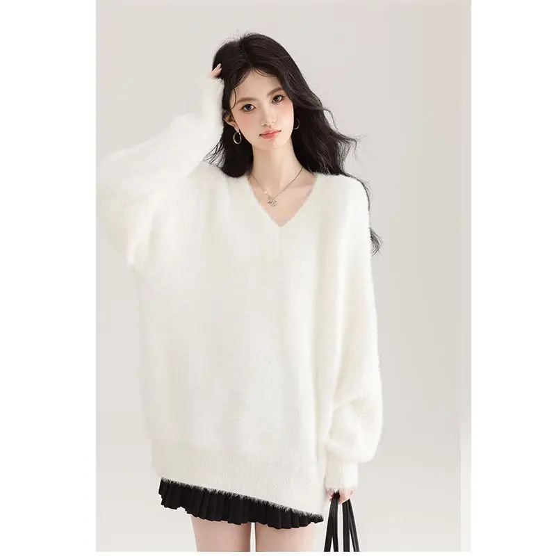

V-neck Thick Warm Knitwear Women Autumn Winter Simplicity Office Lady Solid Color Sweater Casual All-match Trend Knitting Tops