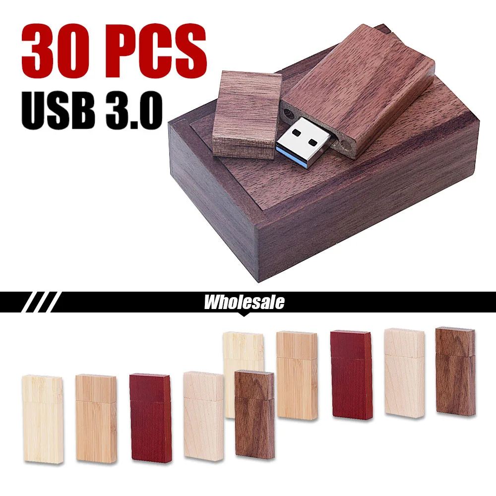 30pcs/lot Flash Drive USB3.0 Wooden + Box Pen Drive 8GB 16GB 32GB 64GB128GB U Disk Free Custom Logo for Photography Wedding Gift