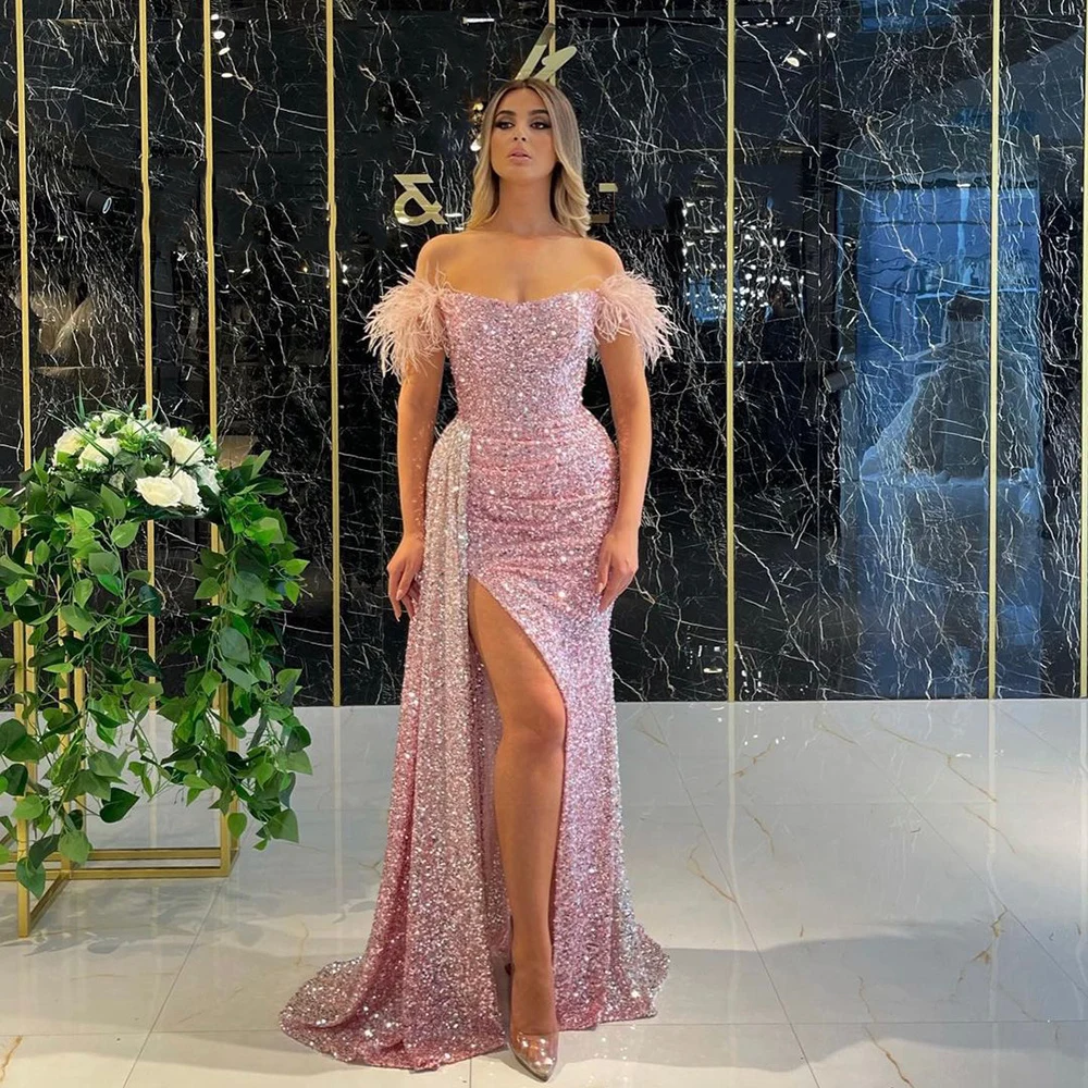 

Yipeisha Off-shoulder Sequin Evening Dresses Side Slit Mermaid Party Dress Long Feather Formal Occasion Wear Robe de Soiree