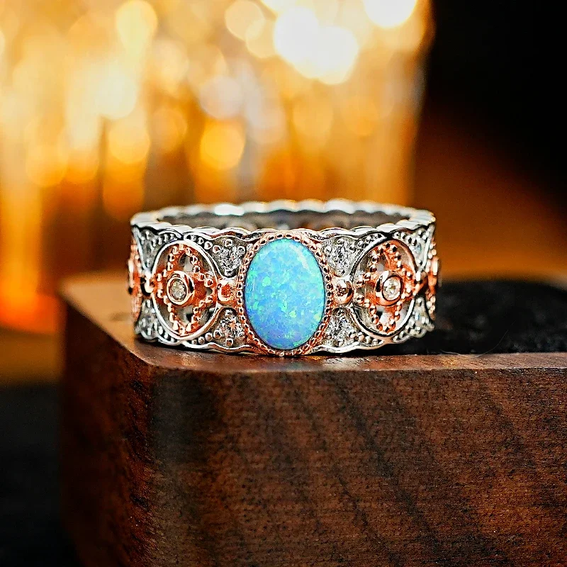 2024 Medieval Australian Treasure Blue Opal 925 Silver Hollow Lace Ring Set with Retro Versatile Wedding Jewelry