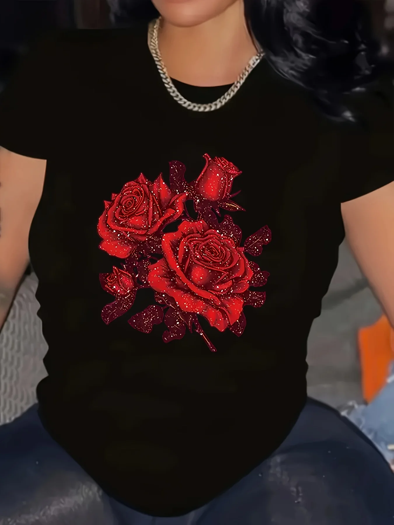 Elegant Beautiful Rose Print T-Shirt Women’s Summer Short Sleeved Round Neck Aesthetic Women Comfortable Casual T-Shirt Clothing