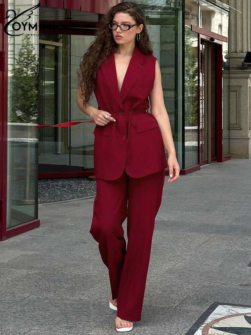 Oymimi Fashion Red 2 Piece Sets Women Outfit Elegant Lapel Sleeveless Lace-Up Button Shirts And Simple Straight Trousers Sets