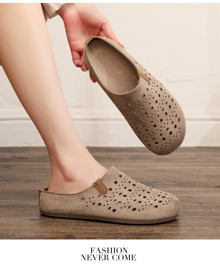 Damen-Mules mit Aussparungen, Clogs, Sommer, atmungsaktiv, geschlossene Zehenpartie, flache, rückenfreie Slipper, Wildleder, Slip-On, lässige Outdoor-Schuhe – Detail 11