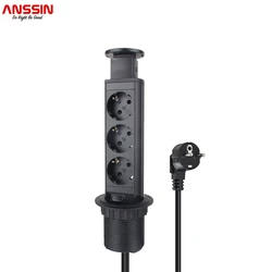 Anssin 16A POP UP 3 Power EU Socket Black Aluminum Alloy Material Kitchen Table Desktop Outlets Recessed Worktop Germany Plug