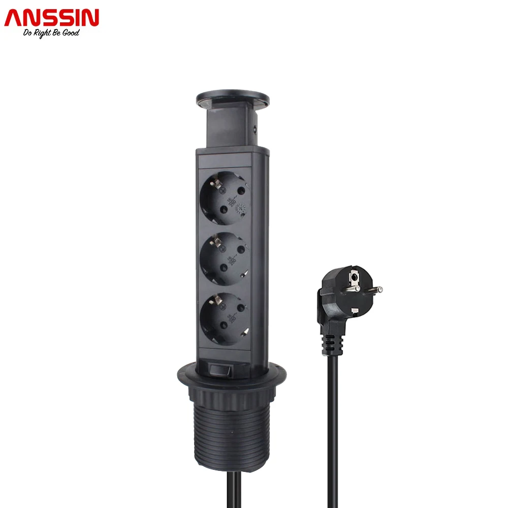 Anssin 16A  POP UP 3 Power EU Socket Black Aluminum Alloy Material Kitchen Table Desktop Outlets Recessed Worktop Germany Plug