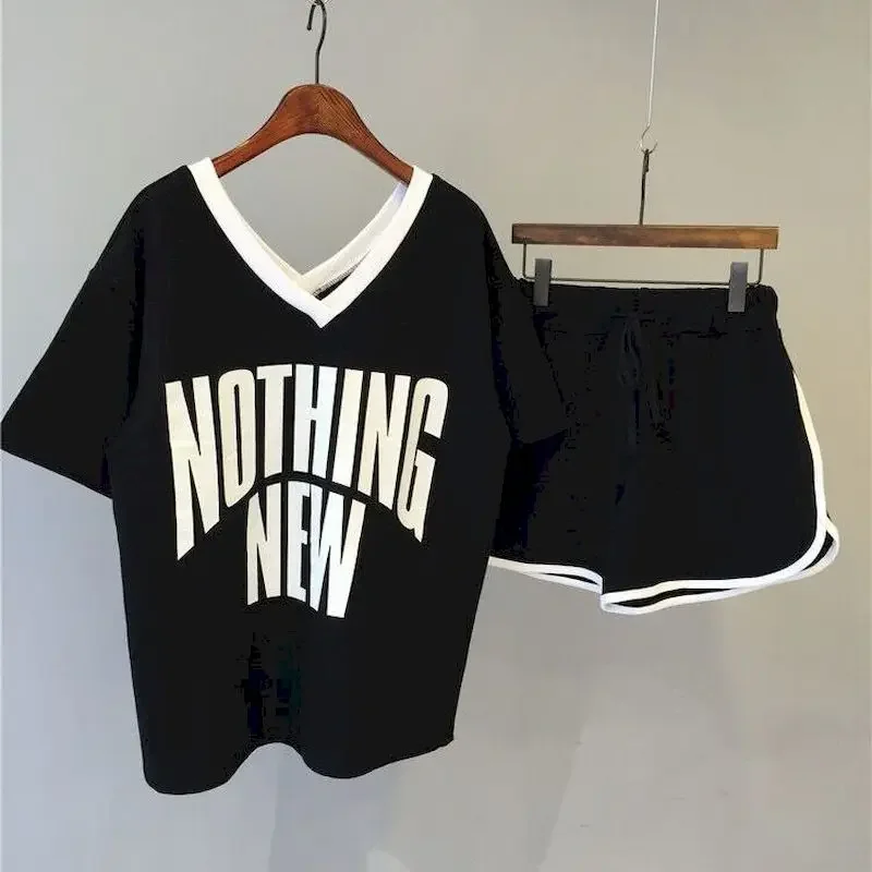 Casual Fashion Short Sets Womens 2 Pieces Summer 2023 Harajuku Korean V-neck Short Sleeve Oversized T-shirt and Shorts Women