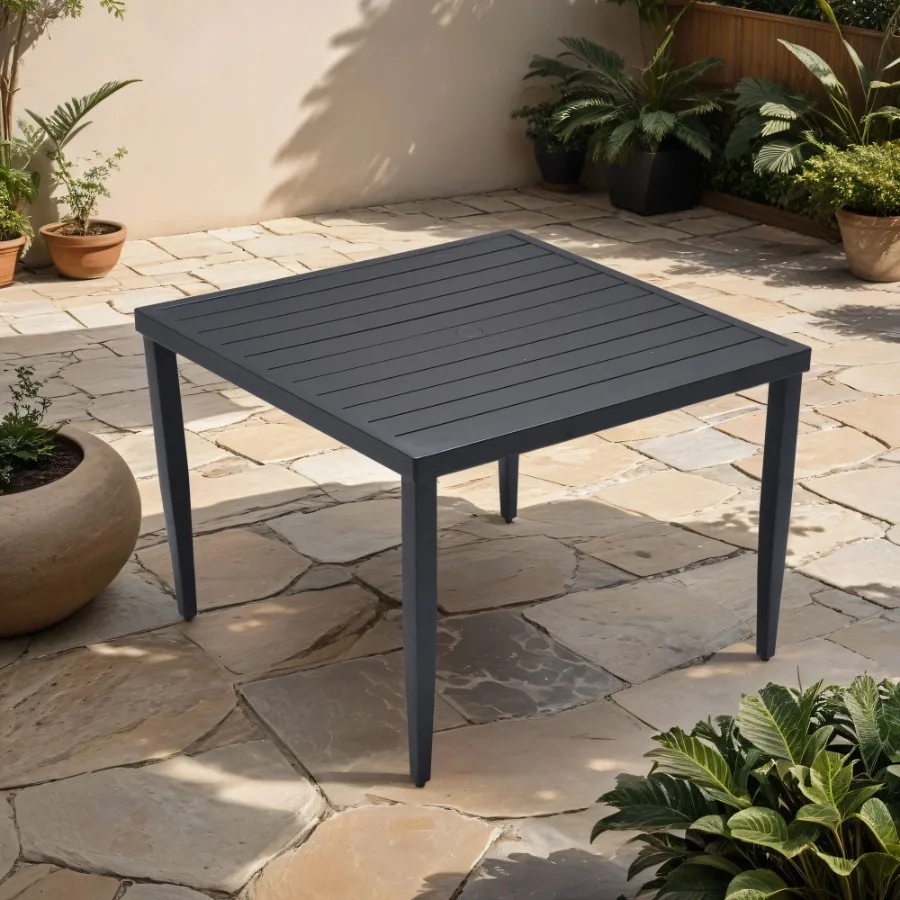 

Outdoor Patio Aluminum 40x40 Square Dining Table with Tapered Feet Umbrella Hole Ember Black
