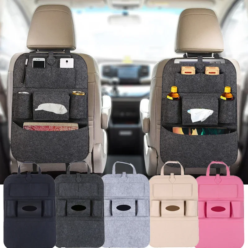 

1pc Universal Car Back Seat Storage Bag Organizer Trunk Elastic Felt Storage Bag 6 Pockets Organizer Hanging Car Accessories