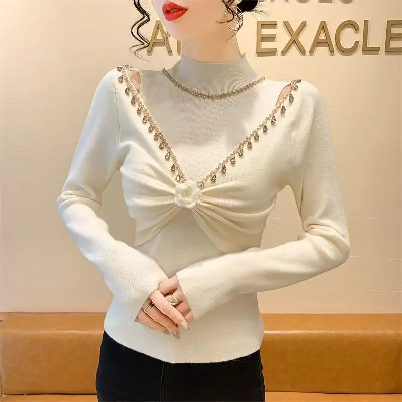 2026 New Retro Korean European Clothes Knitted Sweater Women Chic Sexy Hollow Out Beading Flower Knitwear Long Sleeve Pullovers