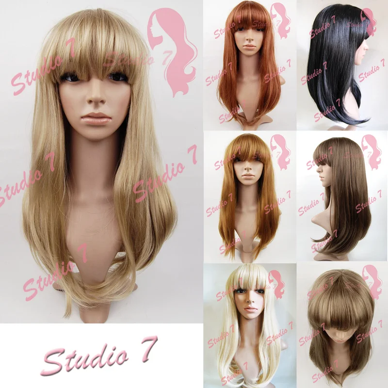 

(G)Studio7-UK Длинный прямой парик с бахромой Темно-коричневый Bla Ash Blonde Синтетический парик