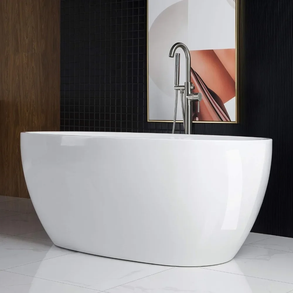 59"Freestanding White Acylic Soaking Bathtub with Brushed Nickel Drain and Overflow,BTA1518 -B/N-Drain &O