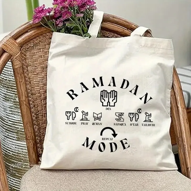 

Ramadan & Eid Mubarak Canvas Tote Bag Reusable Large Capacity Handbag with Arabic Calligraphy for Shopping Travel Picnic, Party