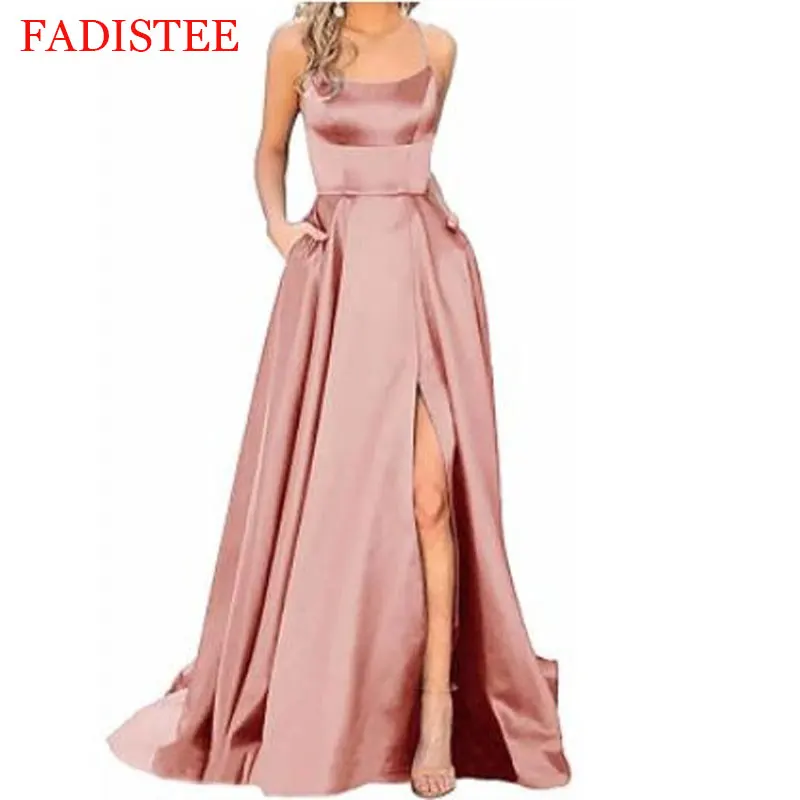 Lange Prom Dresses Eenvoudige Een Lijn Goedkope Prom Gown Hoge Split Spaghettibandjes Cross Back Avondjurk Vestidos De Fiesta