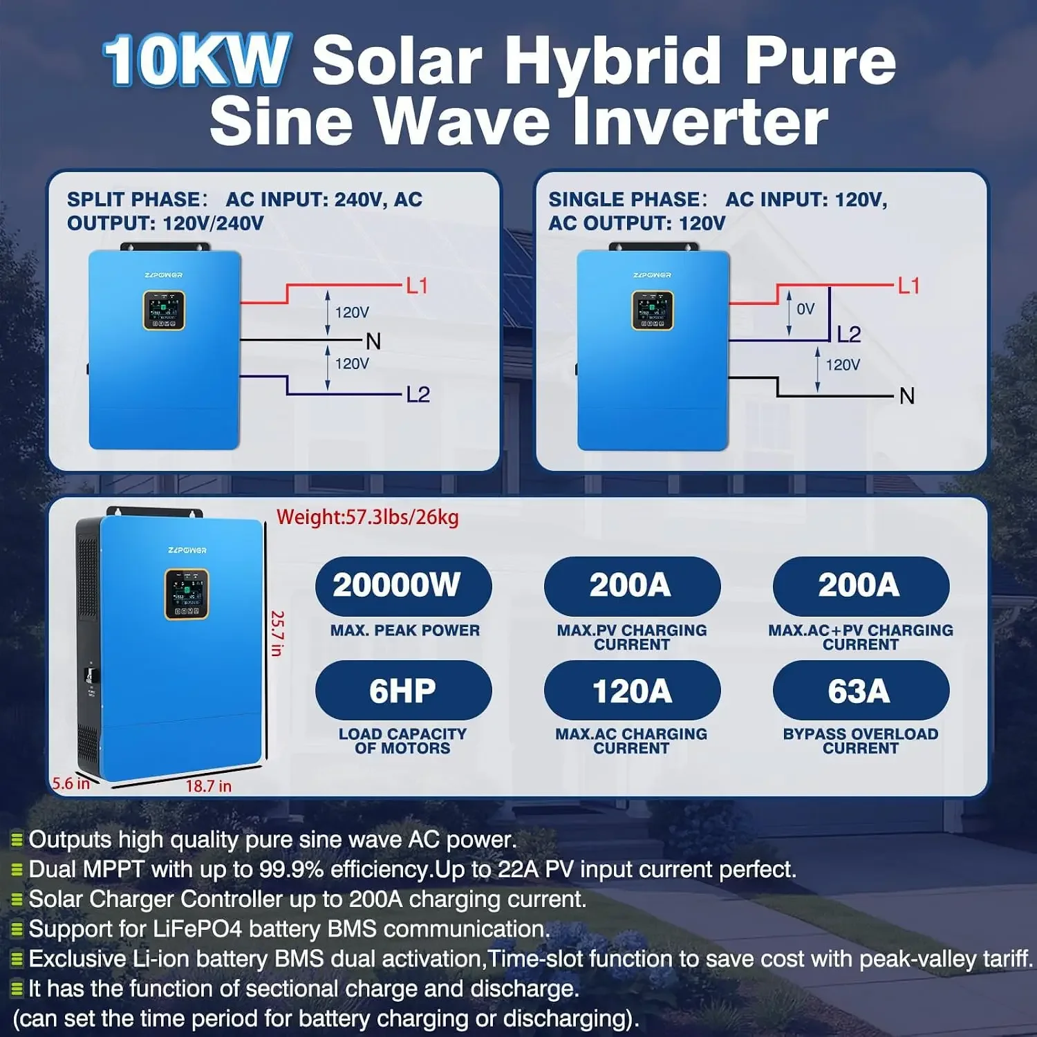 ZLPOWE 48V Hybrid Solar Inverter 10KW with Dual MPPT Controller AC Input/Output 120V/240V Single Phase/Phase Split Pure Sine Wave Max 200A Charger Off Grid/Hybrid Parallel Ready WiFi Optional UL1741