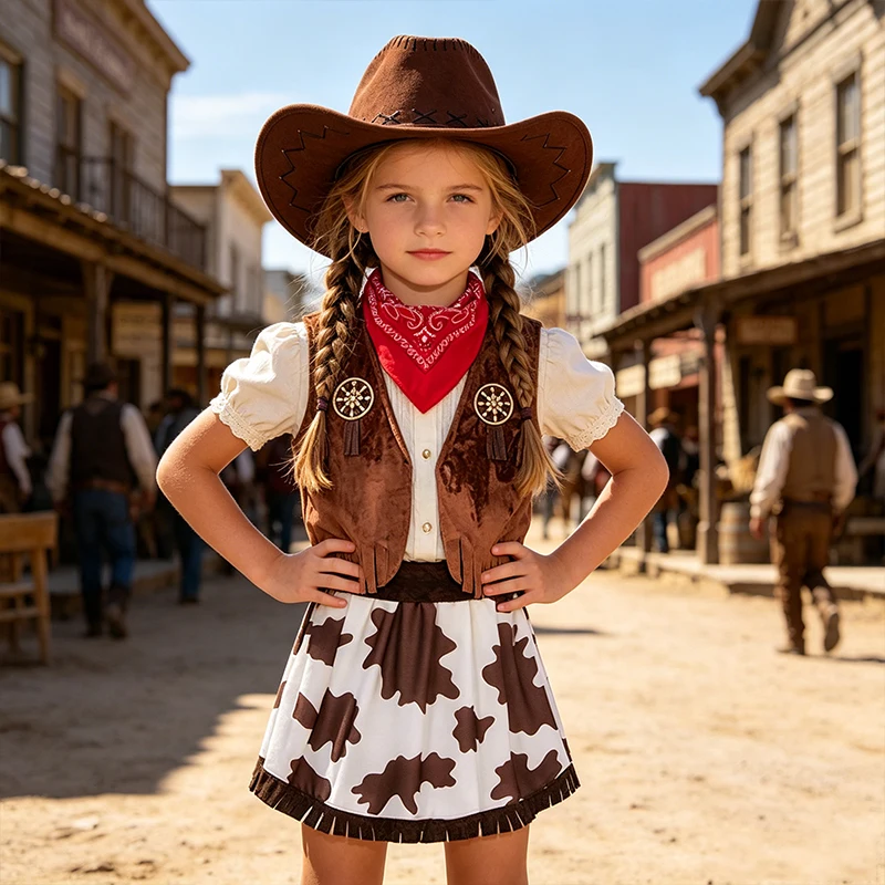 Mädchen Western Cowgirl Komplettes Cosplay-Kostüm-Set Kinder Halloween Karneval Geburtstag Wilder Westen Faschingskostüm – Detail 5