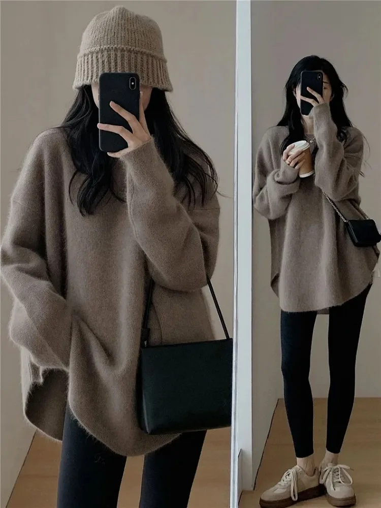 

French Solid Oversized Pullover Autumn Winter Turtleneck Sweater Women Loose Cashmere Sweater Korean Mid Length Knitwear Vintage