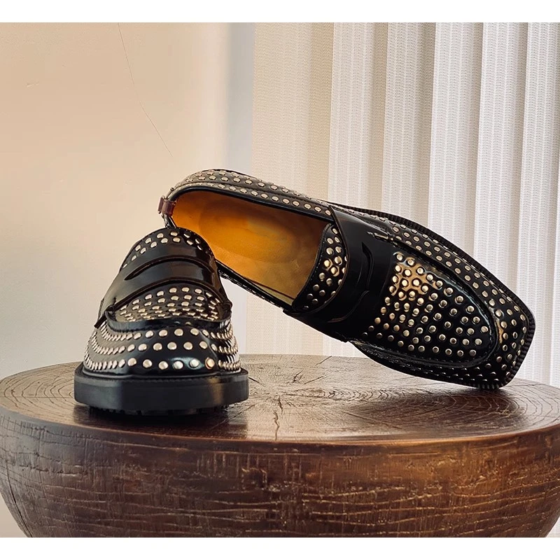 New Design Thick Sole Slip on Rivets Height Increasing Handmade Genuine Cow Leather Trendy Shoe Men Loafers Work Oxfords Male - Image 4