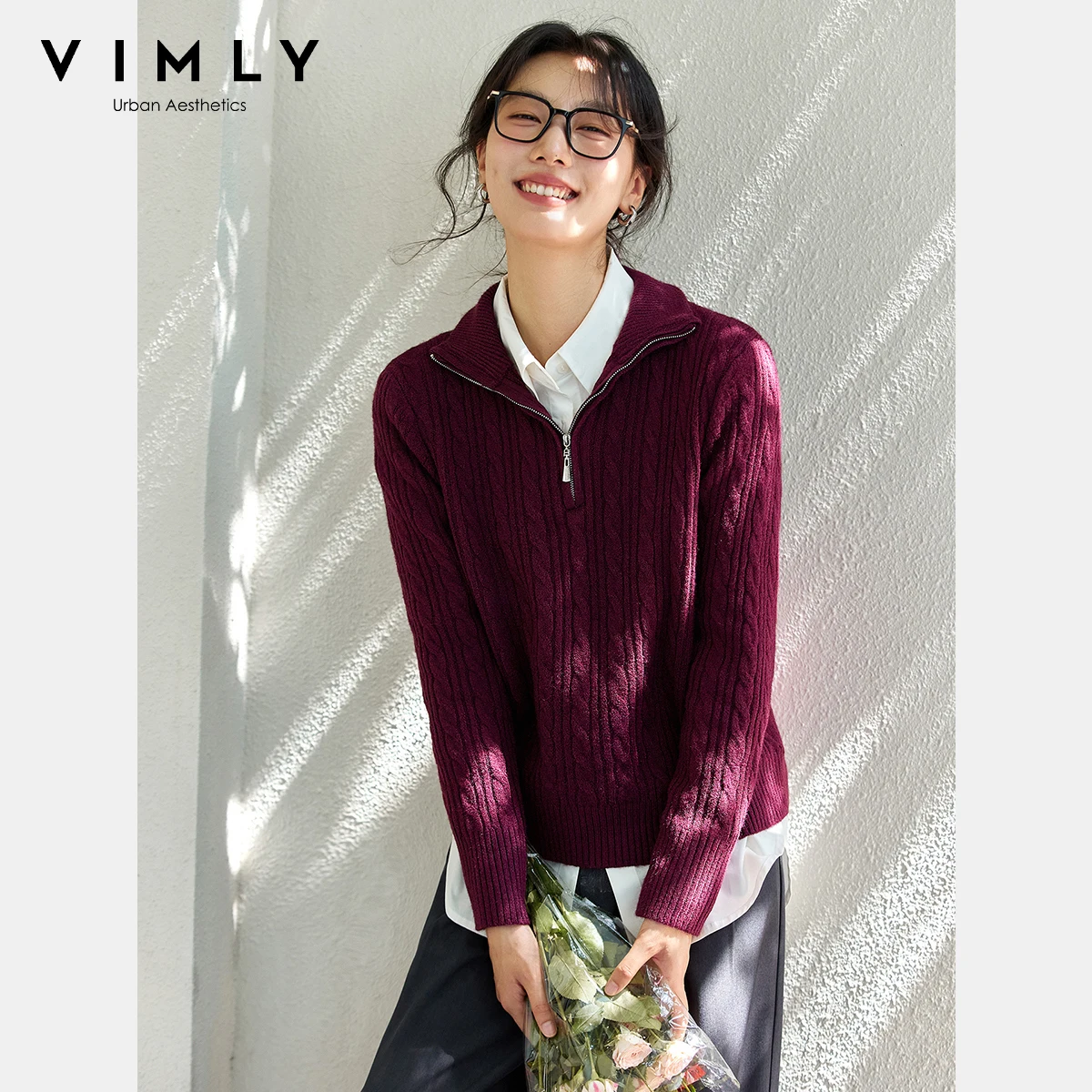 VIMLY suéter retorcido mezclado de lana verde para mujer otoño 25 nuevo suéter de punto con solapa de viento perezoso Top 75091