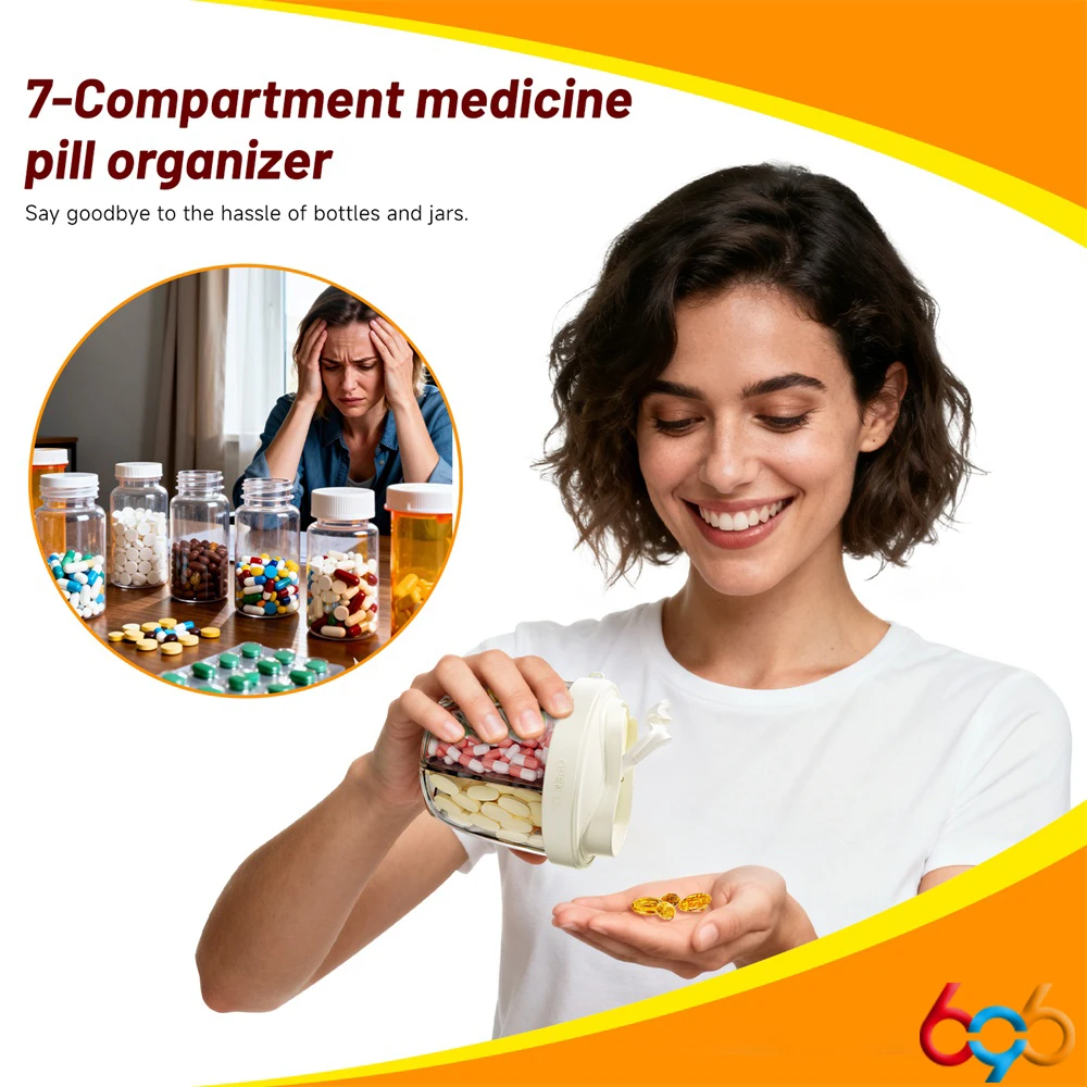 Tragbare Pillenspender-Flasche, Vitamin-Organizer für Reisen, wasserdichte tragbare Medikamententablett-Spenderbox mit 7-Fächern