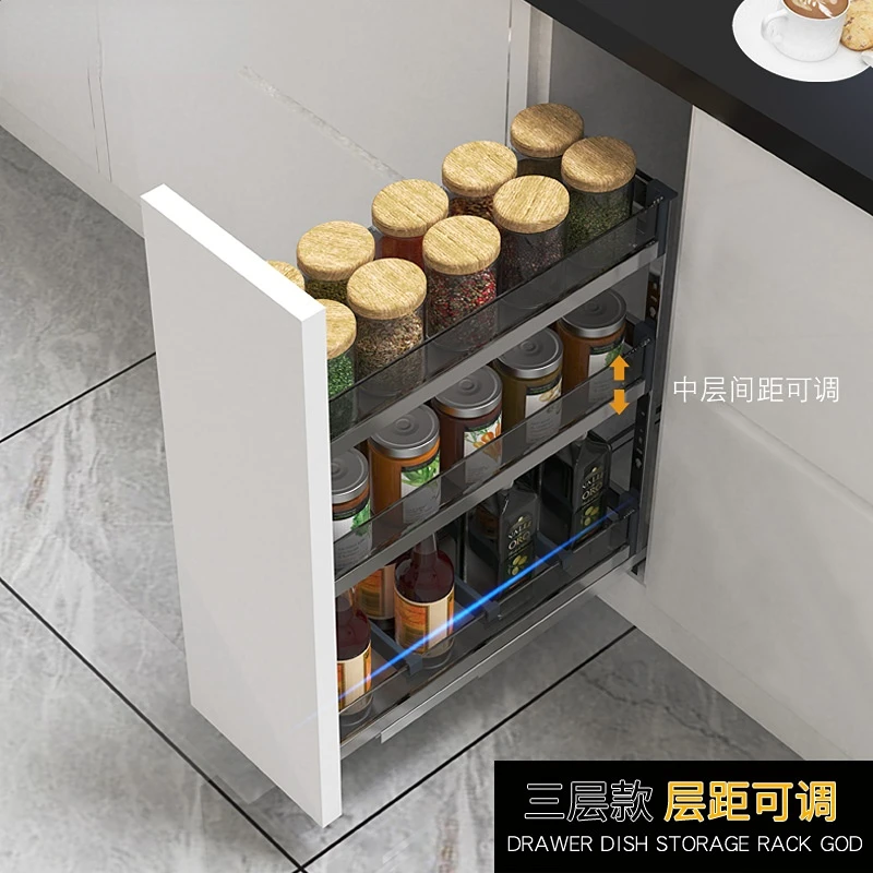 Kitchen Cabinet Glass Seasoning Pull-out Basket Storage Rack Narrow CabinetBasket Open Door Built-in Storage 2 Layers 3 Layers